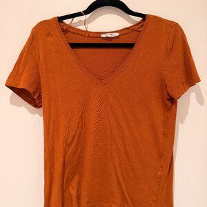 Zara Brown/ Rust V-Neck T-Shirt | Lightweight Cotton-Blend | S